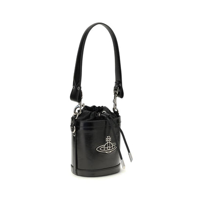 Vivienne Westwood Black Calf Leather Bos Taurus Backet Bag with Orb detail and drawstring closure, featuring a removable chain strap.