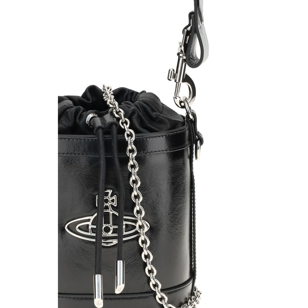 Vivienne Westwood Black Calf Leather Bos Taurus Backet Bag with Orb detail, chain strap, and drawstring closure, AW25 collection.