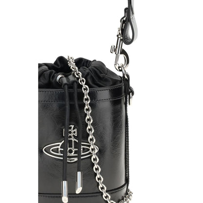 Vivienne Westwood Black Calf Leather Bos Taurus Backet Bag with Orb detail, chain strap, and drawstring closure, AW25 collection.
