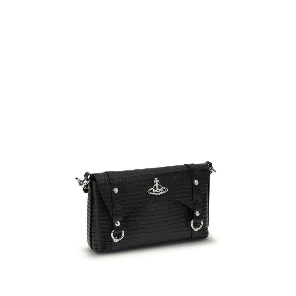 Vivienne Westwood Black Calf Leather Bos Taurus Shoulder Bag with metallic details and removable strap, AW25 collection.
