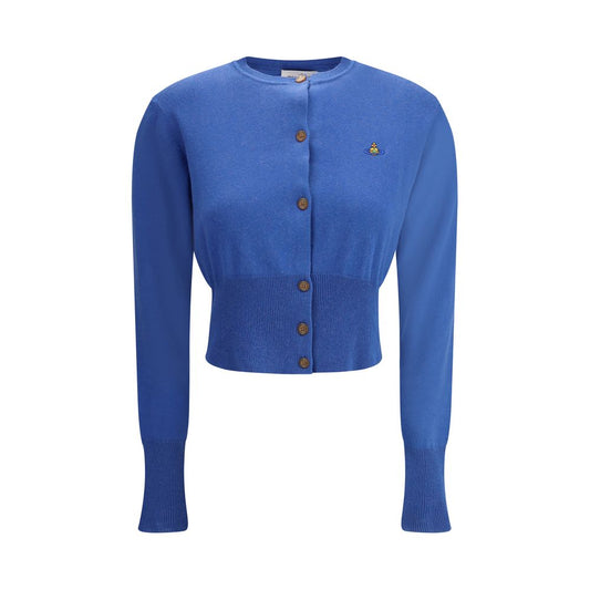 Vivienne Westwood Blue Cotton Cardigan with Orb logo, slim fit, round neckline, front button closure, long sleeves, AW25 Bea crop style.