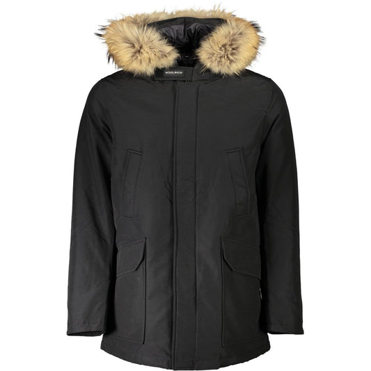 Woolrich Black Cotton Men Jacket with removable fur-trimmed hood, featuring four pockets and a sleek design for stylish cold-weather wear.
