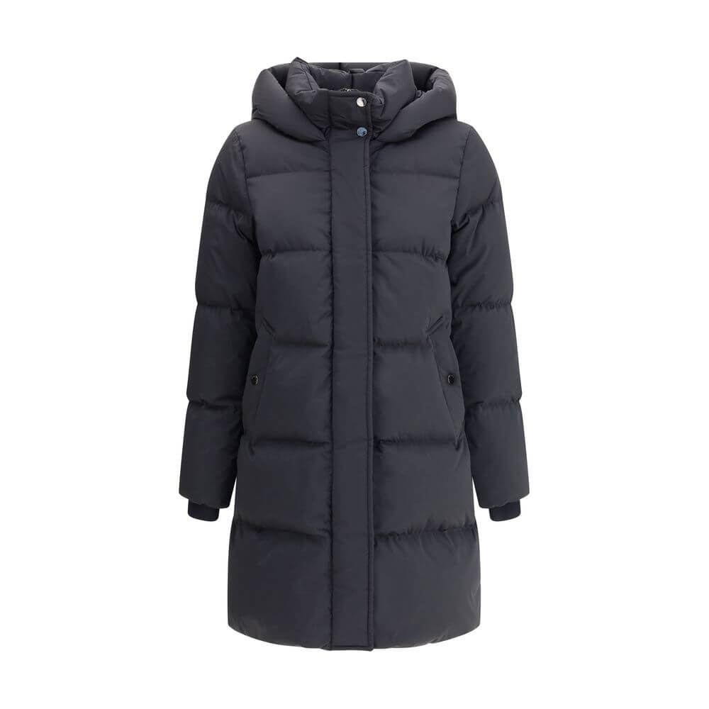 Woolrich Black Goose Down Coat with hood, elastic cuffs, zipper closure, and quilted design for warmth in AW25. Regular fit.