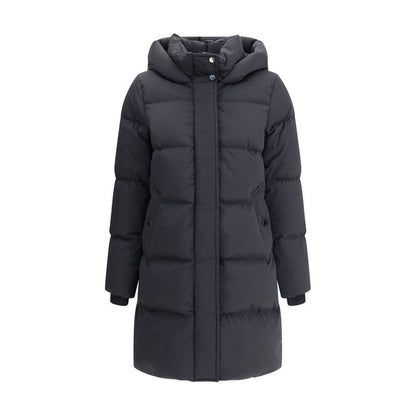 Woolrich Black Goose Down Coat with hood, elastic cuffs, zipper closure, and quilted design for warmth in AW25. Regular fit.