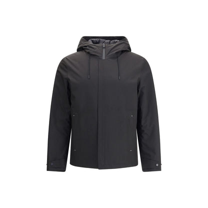 Woolrich Black Polyester Shell Jacket with adjustable hood and double-slider zipper, perfect for varied weather conditions.