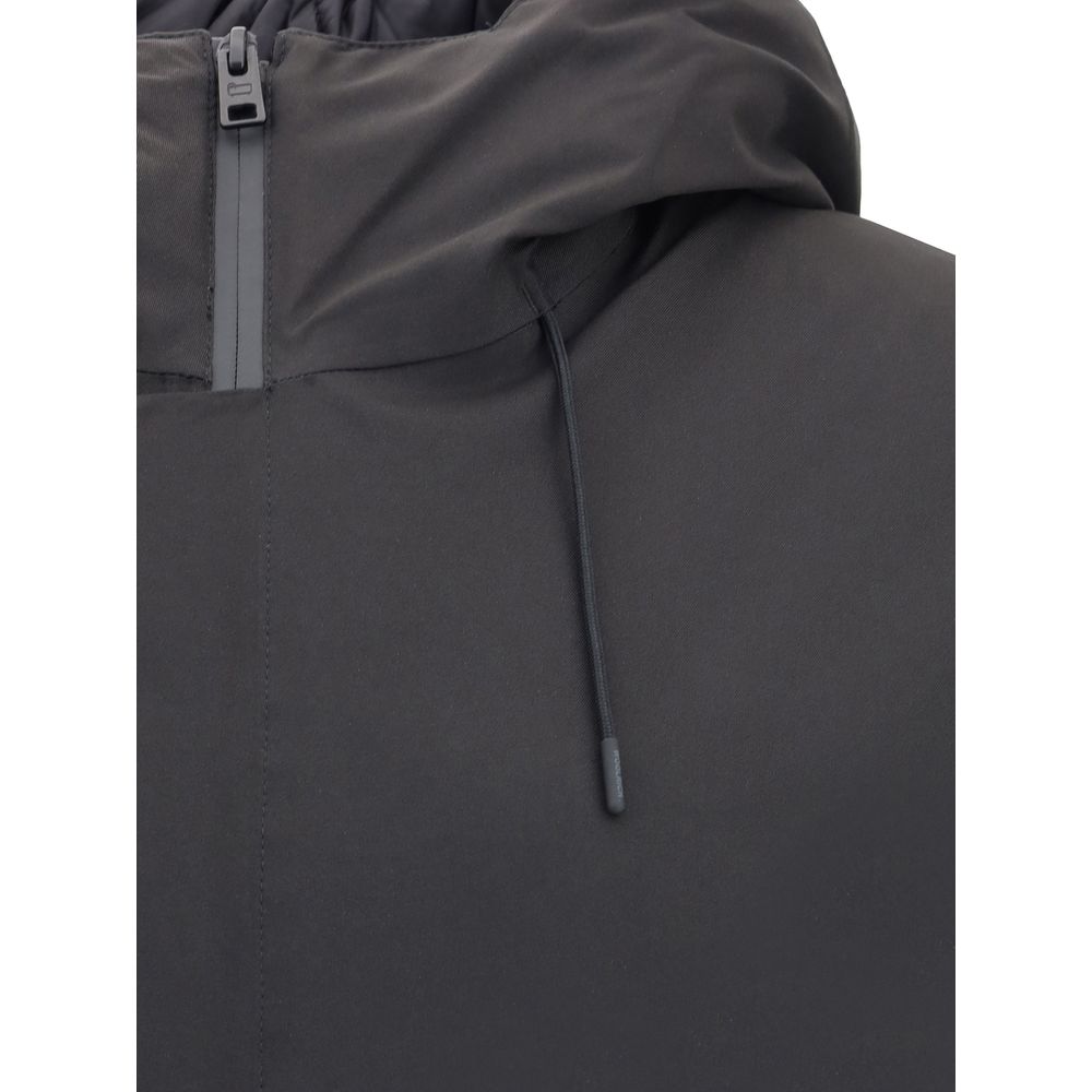 Close-up of Woolrich Black Polyester Shell Jacket with adjustable hood and double-slider zipper
