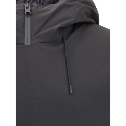 Close-up of Woolrich Black Polyester Shell Jacket with adjustable hood and double-slider zipper