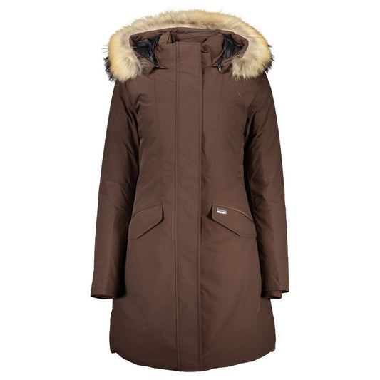 Woolrich Brown Cotton Jackets & Coat with hood, removable fur, long sleeves, 2 pockets, zip and buttons, logo on chest.
