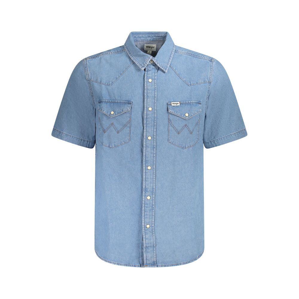 Wrangler Light Blue Cotton Men Shirt with automatic fastenings and two pockets, iconic logo, Western style, short sleeves, made of cotton.