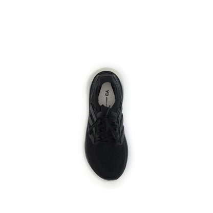 Y-3 Black Fabric Athletic Sneakers with canvas and suede lining, featuring Y-3 logo on tongue, top view.