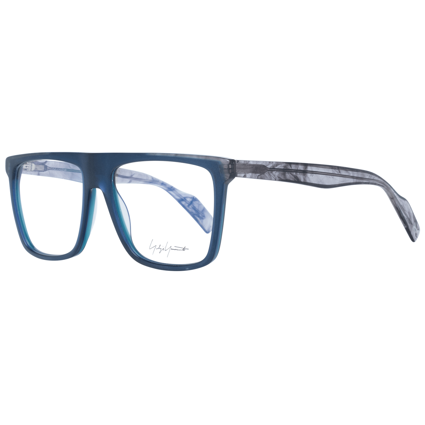 Yohji Yamamoto Blue Plastic Glasses (Frames) for men, full-rim trapezium style with spring hinge, includes branded soft case, size 55-16-148.