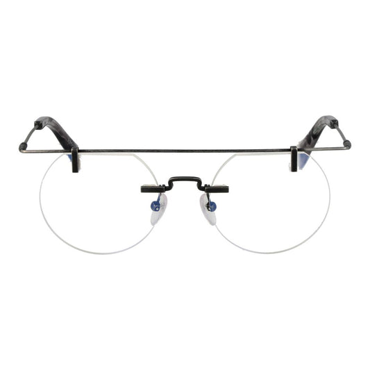Yohji Yamamoto Gray Men Glasses Frame, rimless design, metal material with grey color, round lenses, blue filter, includes branded soft case.