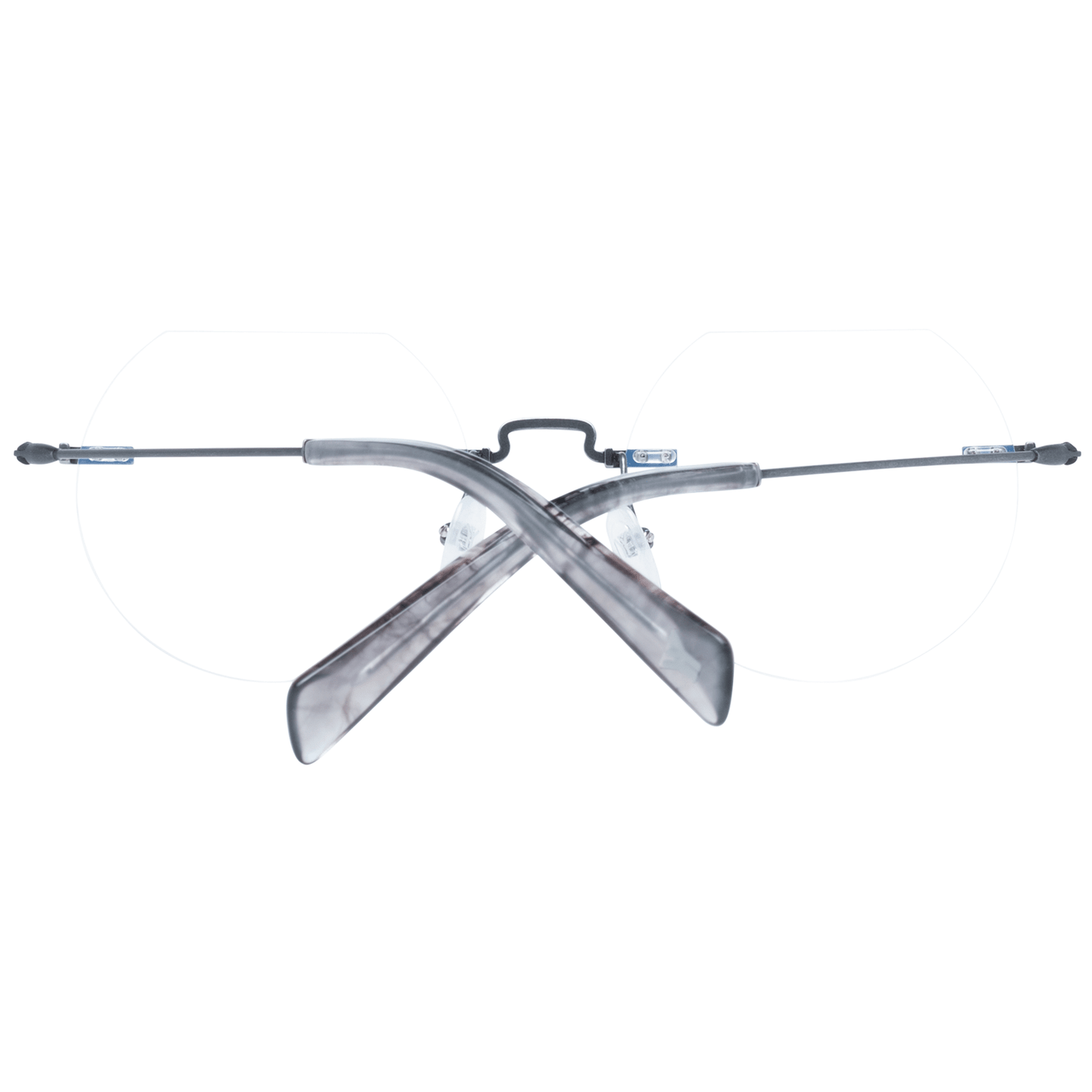 Yohji Yamamoto Gray Metal Glasses (Frames) in rimless round style with grey metal frame, demo plastic lenses, temples length 145mm; includes soft case.