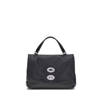 Zanellato Black Calf Leather Bos Taurus Handbag with twist-hook closure and top handle, featuring a versatile shoulder strap.