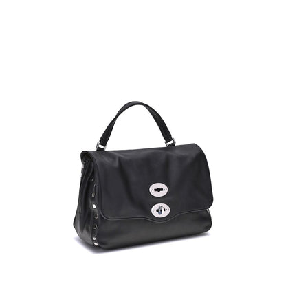 Zanellato Black Calf Leather Bos Taurus Handbag with front twist-hook closure and top handle.