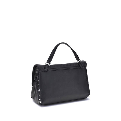 Zanellato Black Calf Leather Bos Taurus Handbag with flat studs and adjustable strap