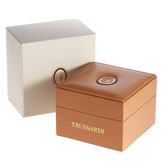 Luxury packaging for TRUSSARDI MOD. BIG wristwatch with branded brown box and white outer box, elegant presentation for a gent's watch.